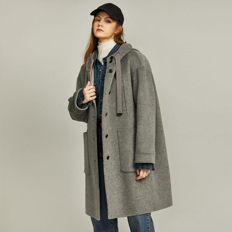 ELLE French Style Gray Sheepskin Mid-Length Single-Breasted Casual Loose Versatile Hooded Long Sleeve Double-Sided Wool Soft Coat Women Coats EN36356