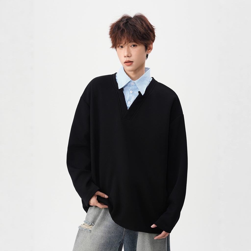 Fake Two-piece Sweater Men's and Women's Autumn Loose Shirt Collar Long-sleeved T-shirt Design Versatile Jacket