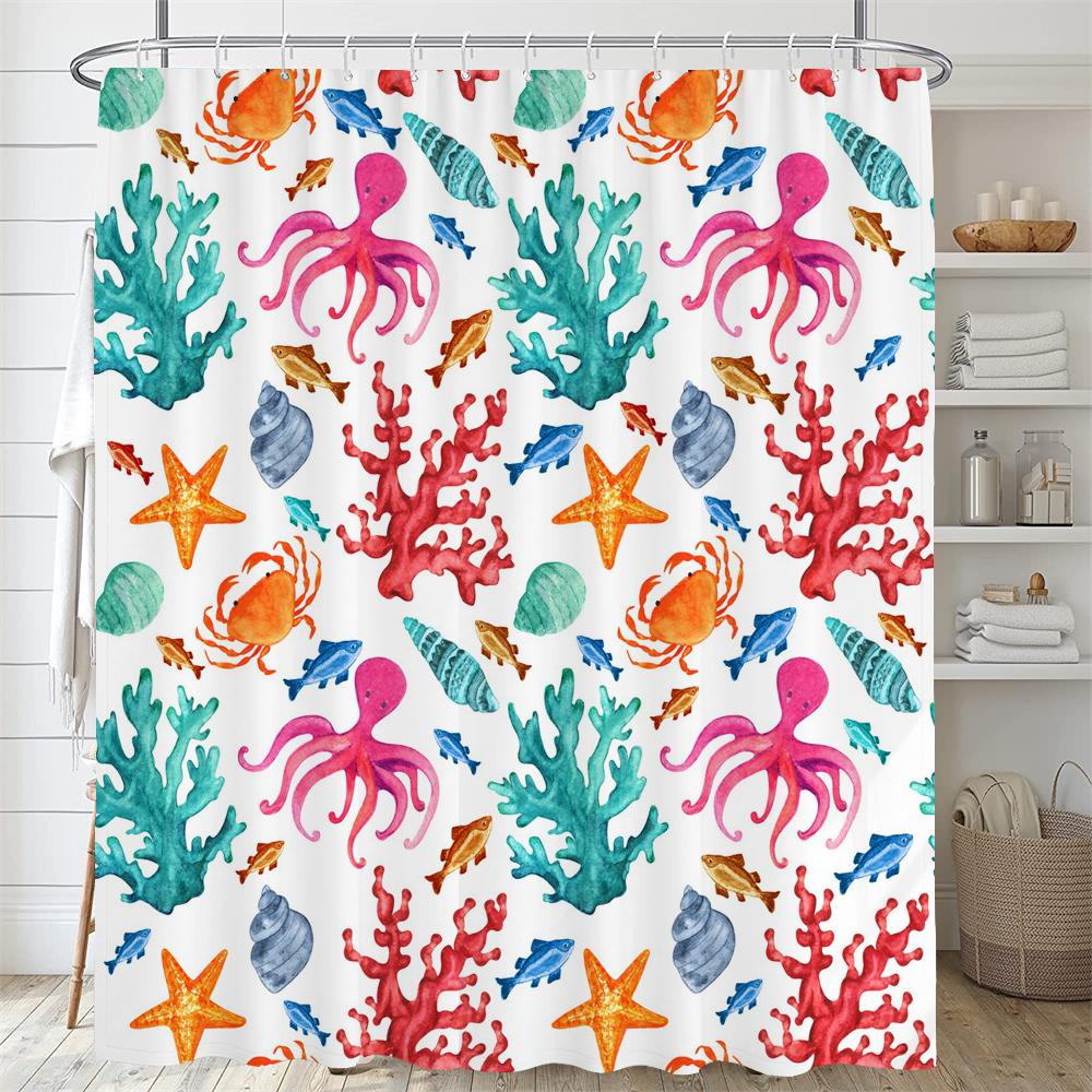 Dolphin Shower Curtain Blue Underwater World Marine Life Polyester Fabric Kids Ocean Theme Bathroom Curtain Decor with Hooks