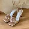 Gentle apricot mountain tea 2025 new temperament satin sandals women's summer one-word open-toed stiletto high heels sandals