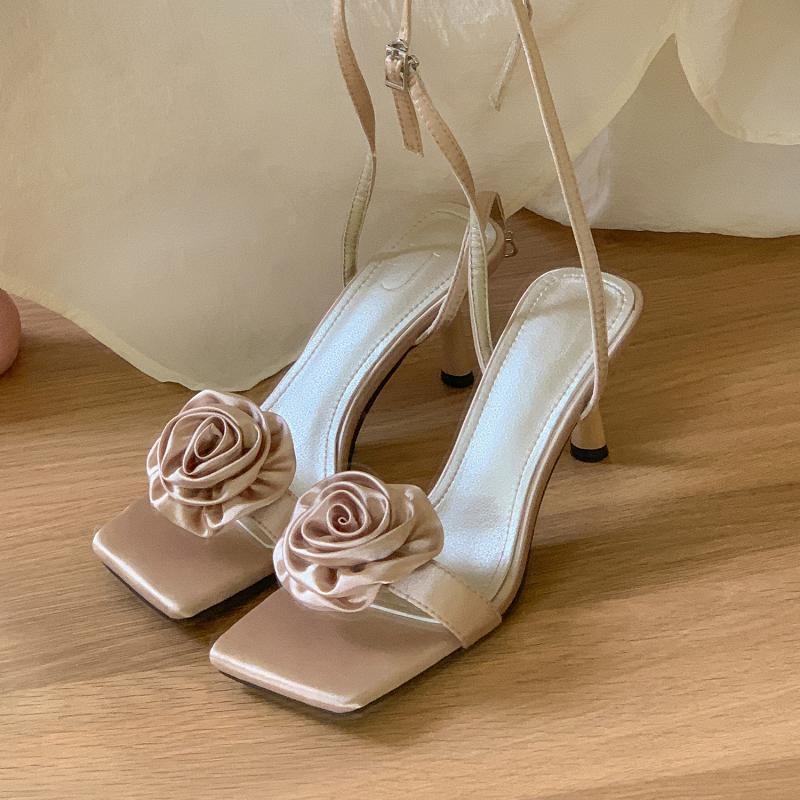 Gentle apricot mountain tea 2025 new temperament satin sandals women's summer one-word open-toed stiletto high heels sandals