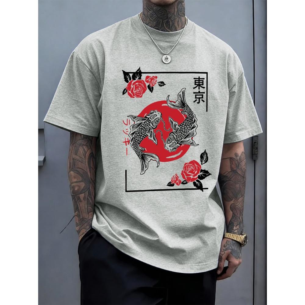 Tokyo Harajuku Koi Fish Printed Mens T-Shirt Cotton Summer Short Sleeve Tops Soft Oversized O-Neck T Shirt Clothes