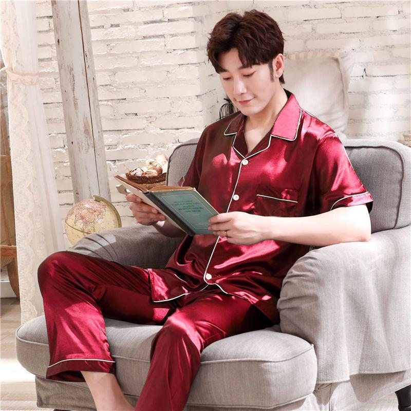 Men's Ice Silk Long-Sleeve Pajama Set - Thin & Breathable, Plus Size, for Spring & Autumn