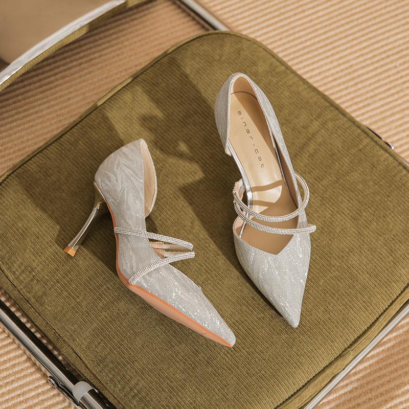 

83830 [овчина] туфли на высоком каблуке женские тонкие каблуки 2025 новые остроносые хрустальные свадебные туфли стразы боковые пустые туфли 39