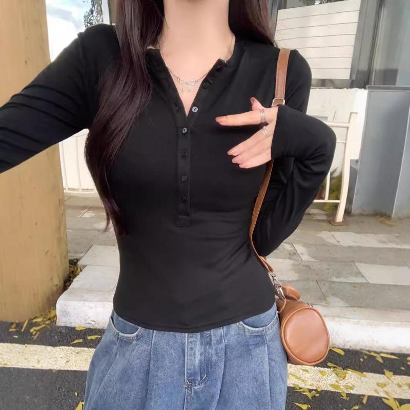 Best-Selling American Retro Black V-Neck Long-Sleeve Slim Fit Shirt