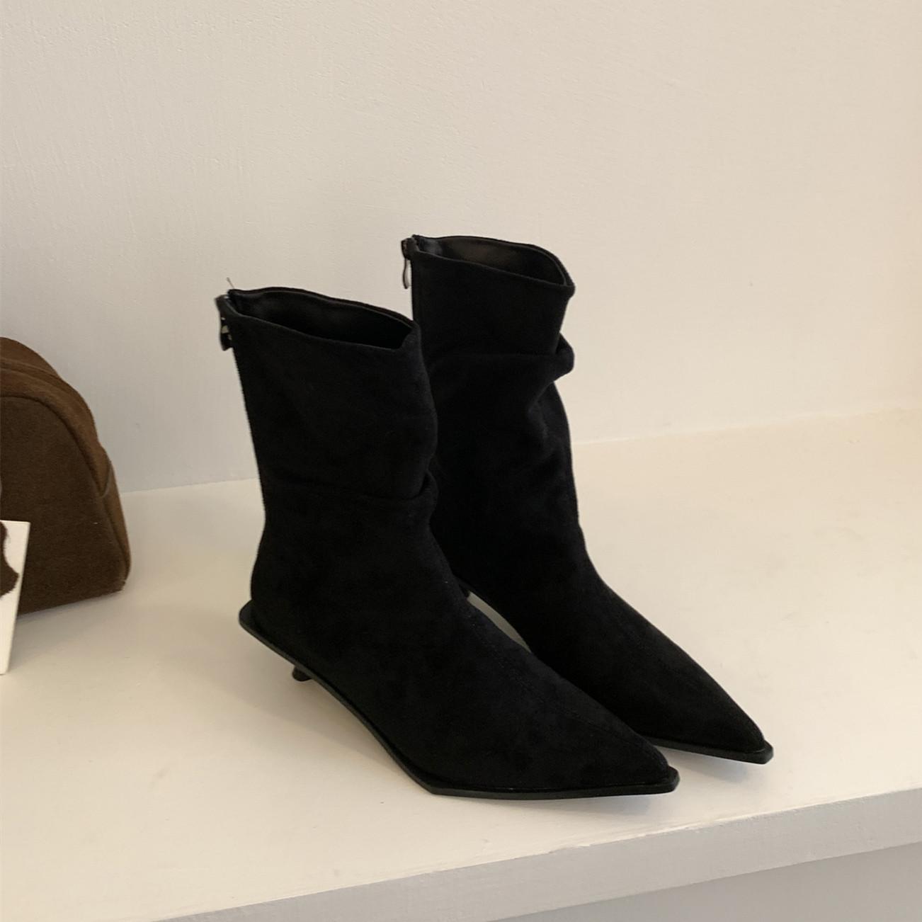 

Мода Bailamos 2025 Новый бренд Женские короткие ботинки Тонкий средний каблук Уличные туфли-лодочки Модные плиссированные женские элегантные ботильоны Обувь 39 чёрный