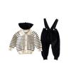 New Fall/Winter Infant Waffle Knit Cardigan & Striped Long Sleeve Overalls Set