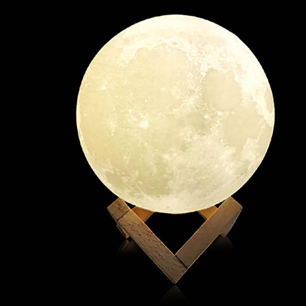 Moon Night Lamp USB Rechargeable Dual Colors Lighting Moon Light Ball with Wooden Stand for Home Bedroom 8cm