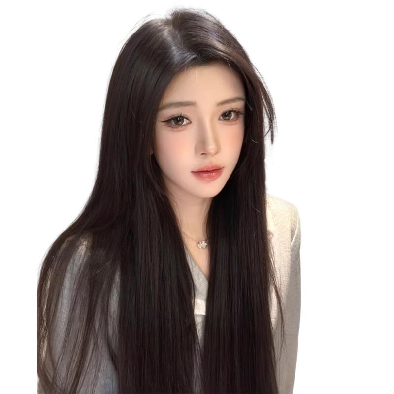Women's Long Forehead Lace Wig with Natural Bangs - Fashionable Straight Hair, Full Coverage, Middle Parting.