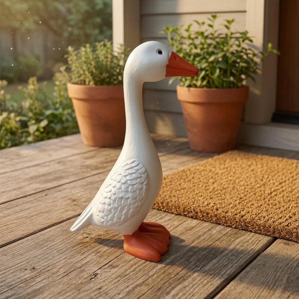 Resin Goose Figurine FeatherTextured White Statue Orange Beak
