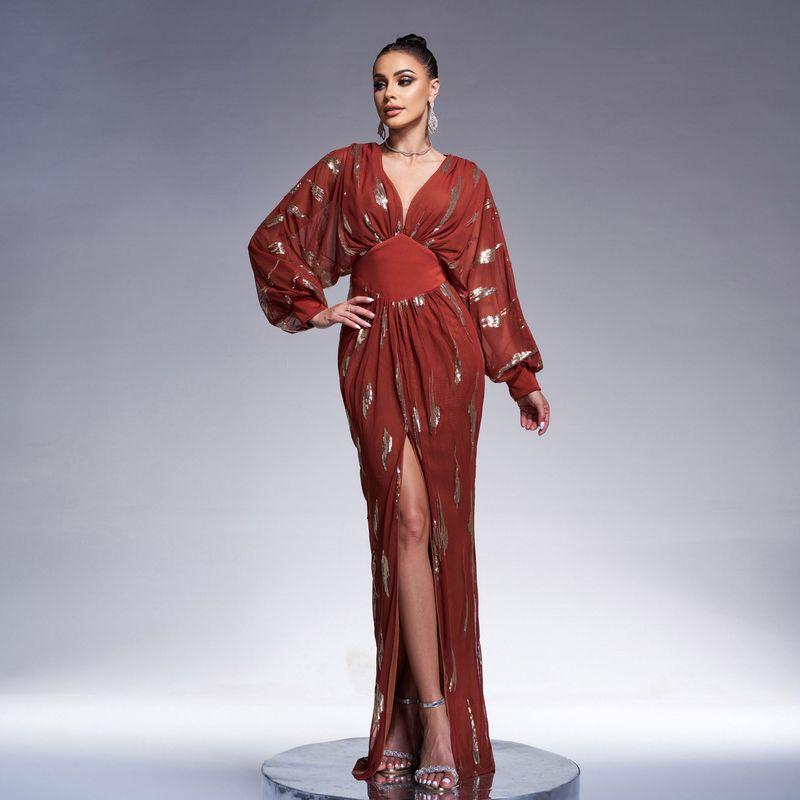 Wedding Dress Long Evening Gown European and American Style V-Neck Sexy Sequined Banquet Evening Dress Bridesmaid Dress Brown M