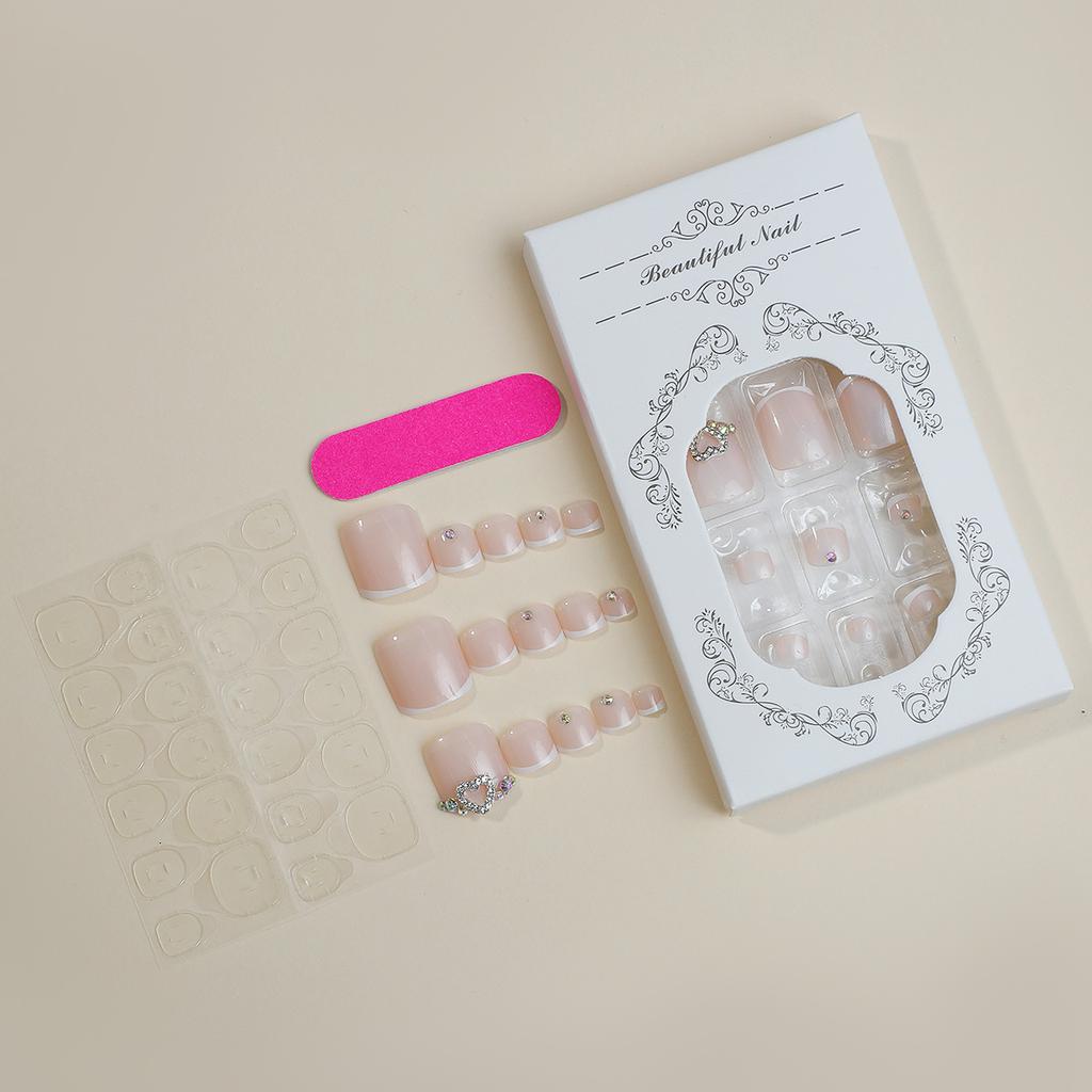 24PCS Short Square Press On Toenails White French Tip Fake Toe Nails With Rhinestone Designs Full Cover Acrylic Toenails For Women Nail Supplies