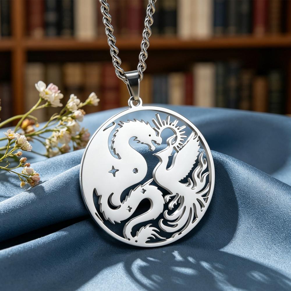 Dragon Phoenix Yin Yang Necklace Sacred Balance Pendant Mythology Animals Protection Amulet Stainless Steel Jewelry