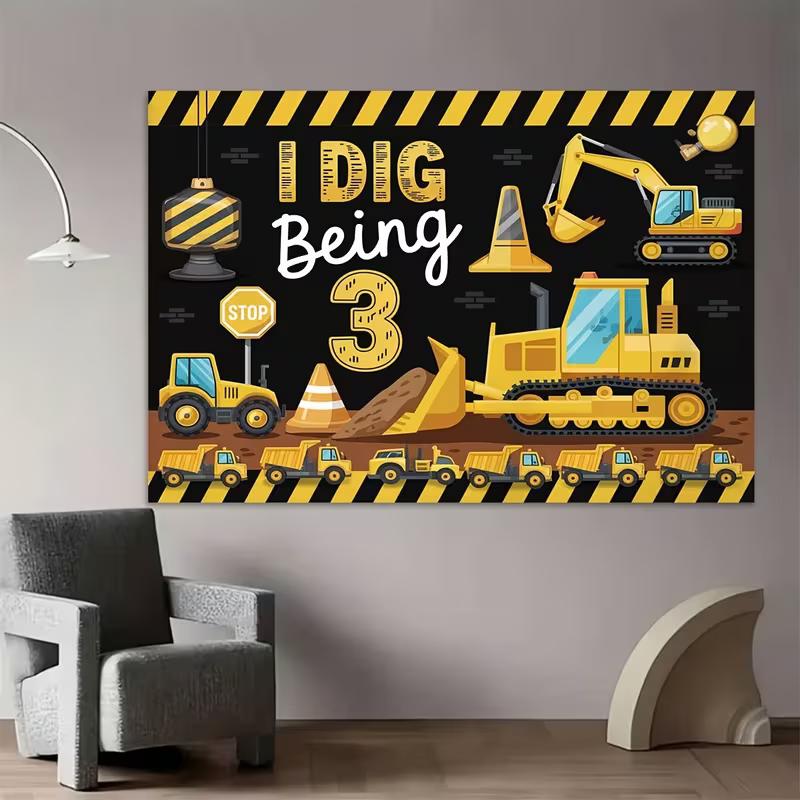 2D Toddler Birthday Background Cloth "I Dig Being 3" Construction Truck Banner for Decor