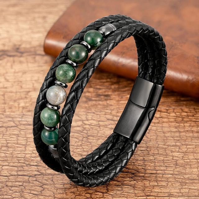 Trendy Multilayer Leather Bracelets Men Jewelry 9 Style Round Stone 8mm Beaded Bracelets For Male Women Valentine Day Gifts