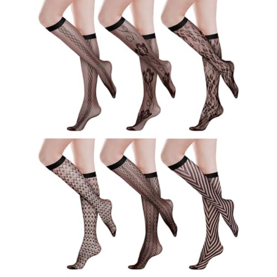 6 Pairs Women S Lace Socks Lace Knee High Socks Black White Fishnet Mesh Lace Hollow Out Women Stockings