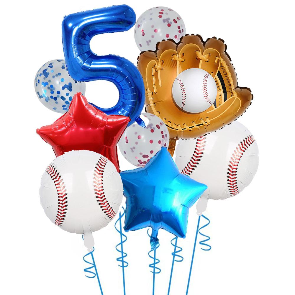 9pcs Baseball Themed Aluminum Foil Balloon Set 32inch Digital Pentagram Glitter Ball Children's Birthday Party Decoration