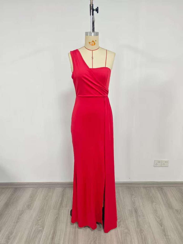 Elegant Solid Color One-Shoulder Party Dress