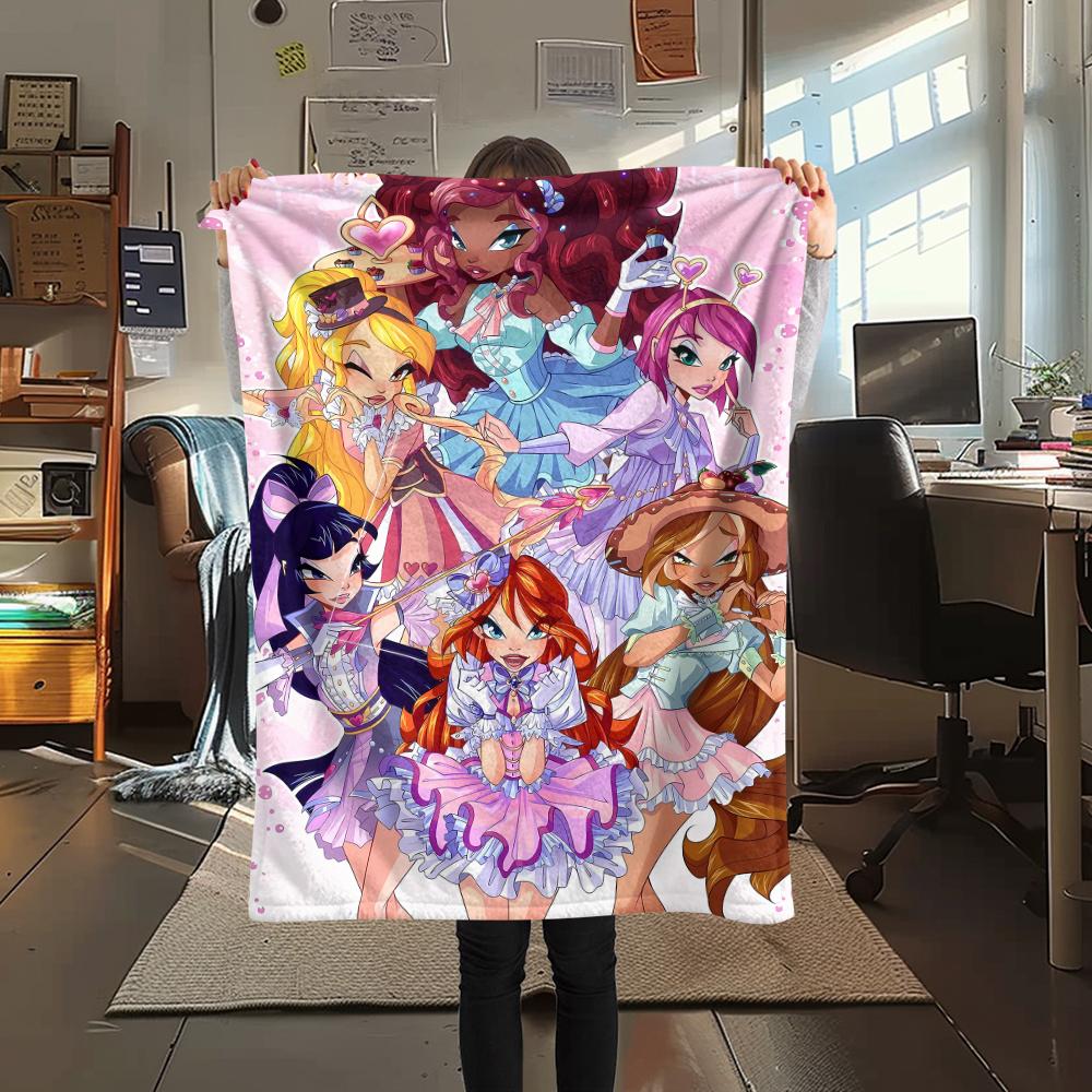 1PC WonderfulPrecur,Winx Club Print Flannel Blanket, High Quality All Seasons, Home Decor, Warmth and Comfort, Perfect for Christmas Gifts