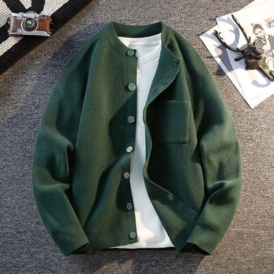 Veste Cardigan Tricotée Homme Automne et Hiver Rétro Ample Couleur Unie Bouton Haut Manches Longues