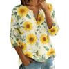 Women's Vintage Floral Print Henley Button Neck Three Quarter Sleeve Linen Cotton Shirt Casual Lightweight Blouse for Everyday Wear