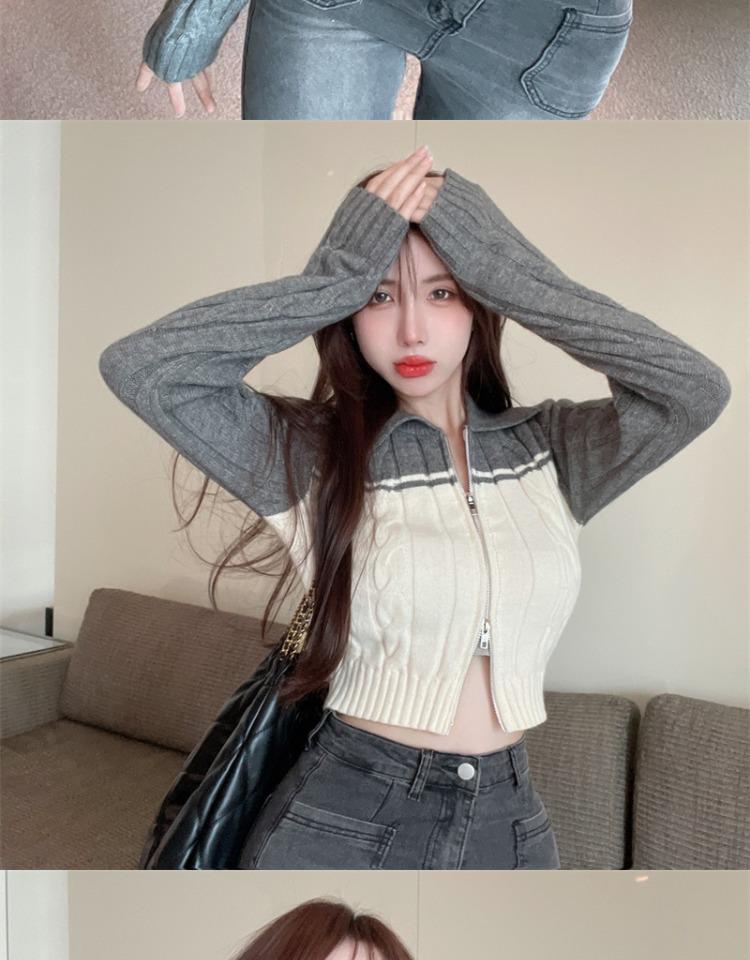 Spicy Girl Polo Collar Cropped Knit Cardigan Sweater - Women's Autumn Long Sleeve Slit Top