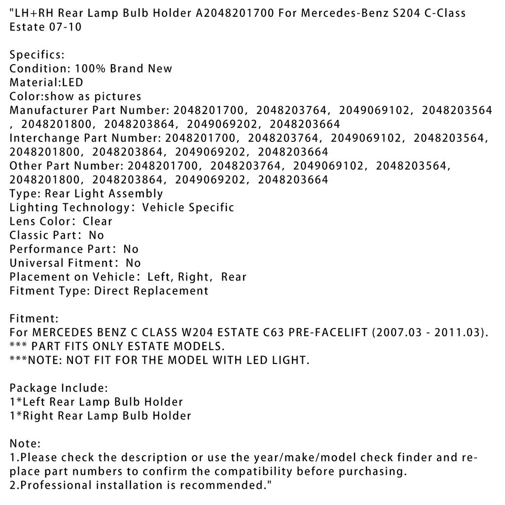 Rear Lamp Bulb Holder A2048201800 For Mercedes-Benz S204 C Estate 2007-2010