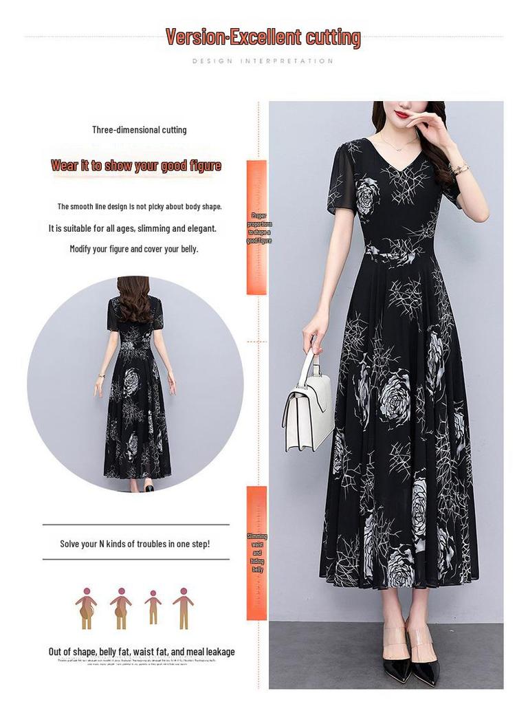 Spring/Summer 2024 V-Neck Floral Black Midi Dress - Plus Size Women's High-End Collection
