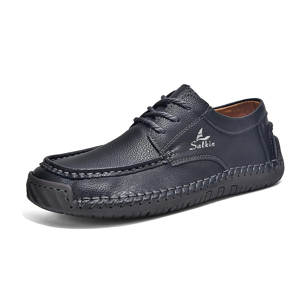 Men's Hand Stitched Casual Leather Shoes Vintage Lace Up Wide Toe Soft Sole Breathable Loafers British Style Driving Shoes