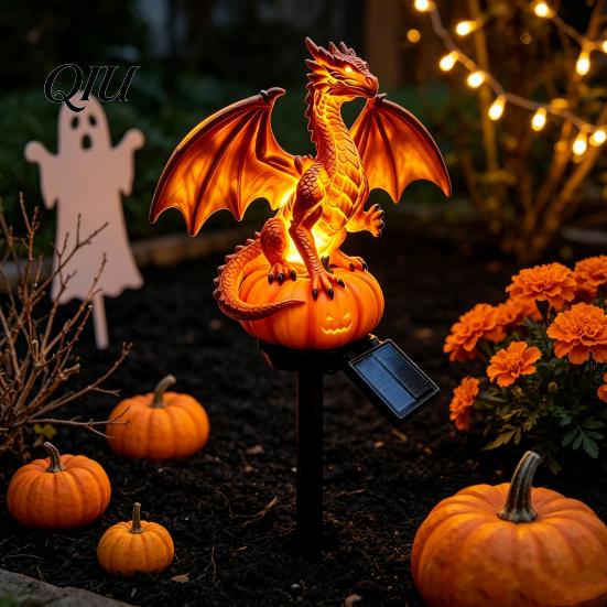 Seasonal Spooky Table Decoration Dragon Solar Garden Light, Halloween Night Resin Gothic Pumpkin Unique Gift for Lovers Statue, Medieval Fantasy