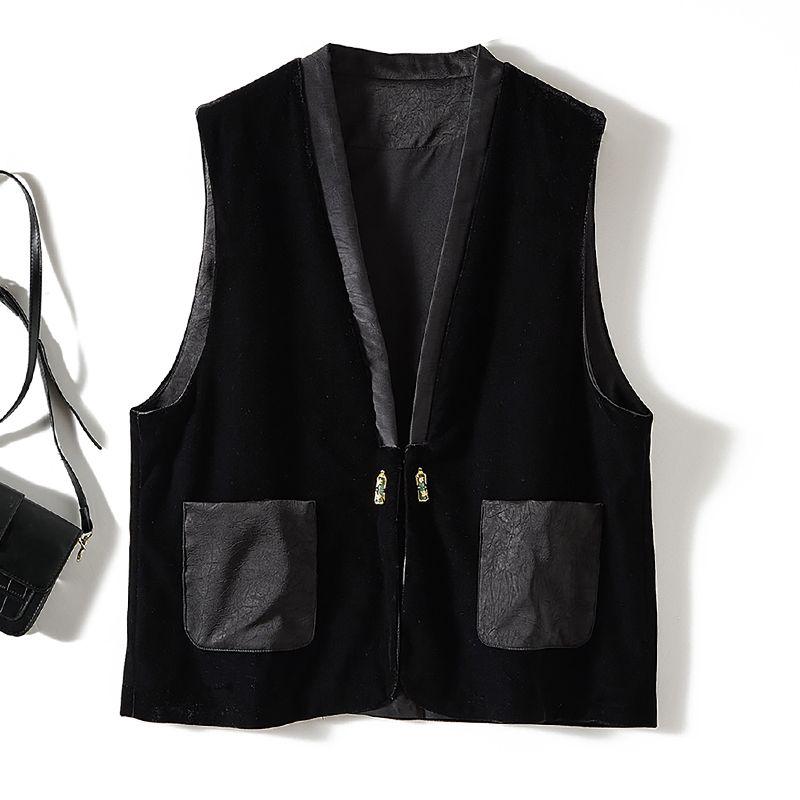 

Grab Benefits! Quality Girl Deep V-neck Gold Velvet Hook I-Shaped Vest Spring and Autumn Thin Coat Details Hemming Black L