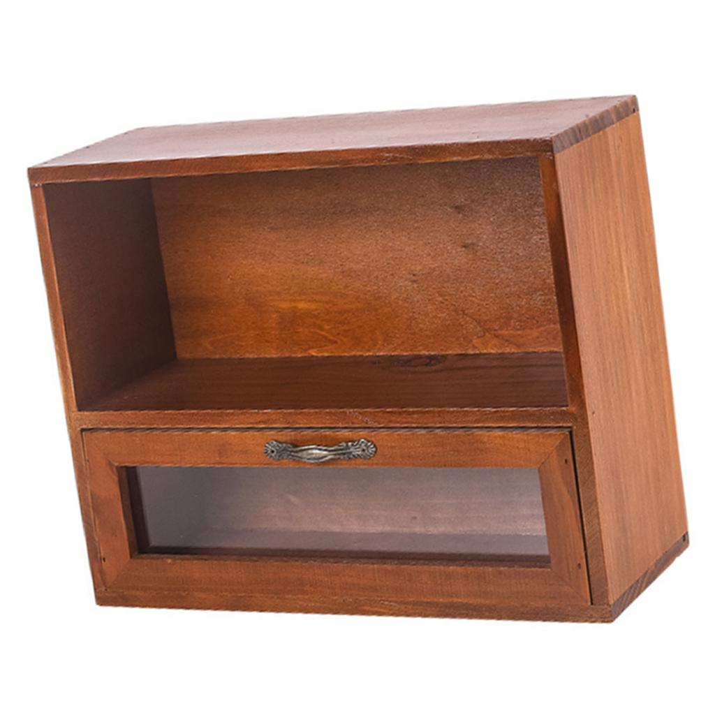 Desktop Storage Box with Drawer and Open Cabinet Wooden Retro Desk Organizer for Office Bedroom