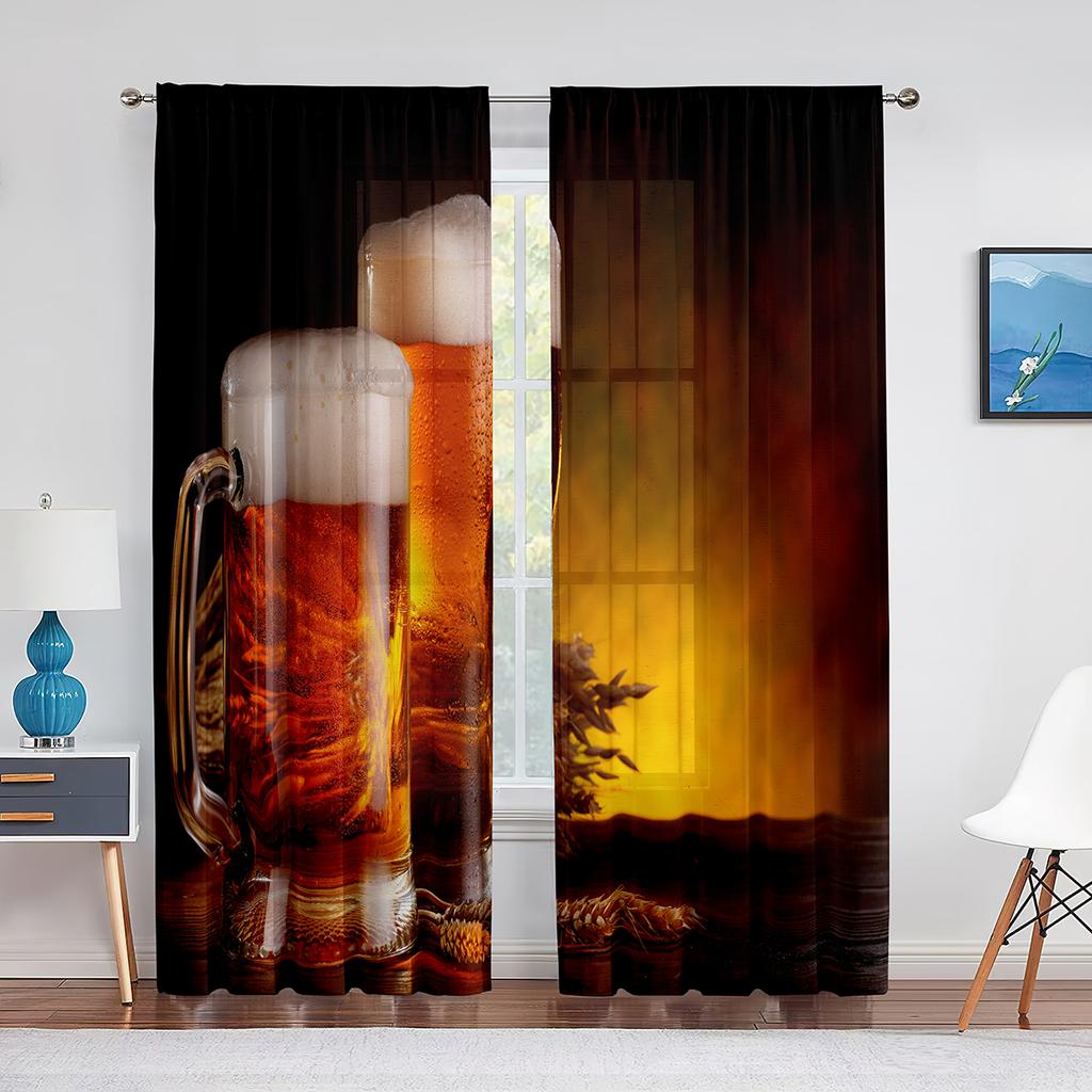 Glasses of Beer and Ale Barrel on Wooden Table Tulle Curtains for Living Room Bedroom Decor Chiffon Sheer Voile Kitchen Curtain