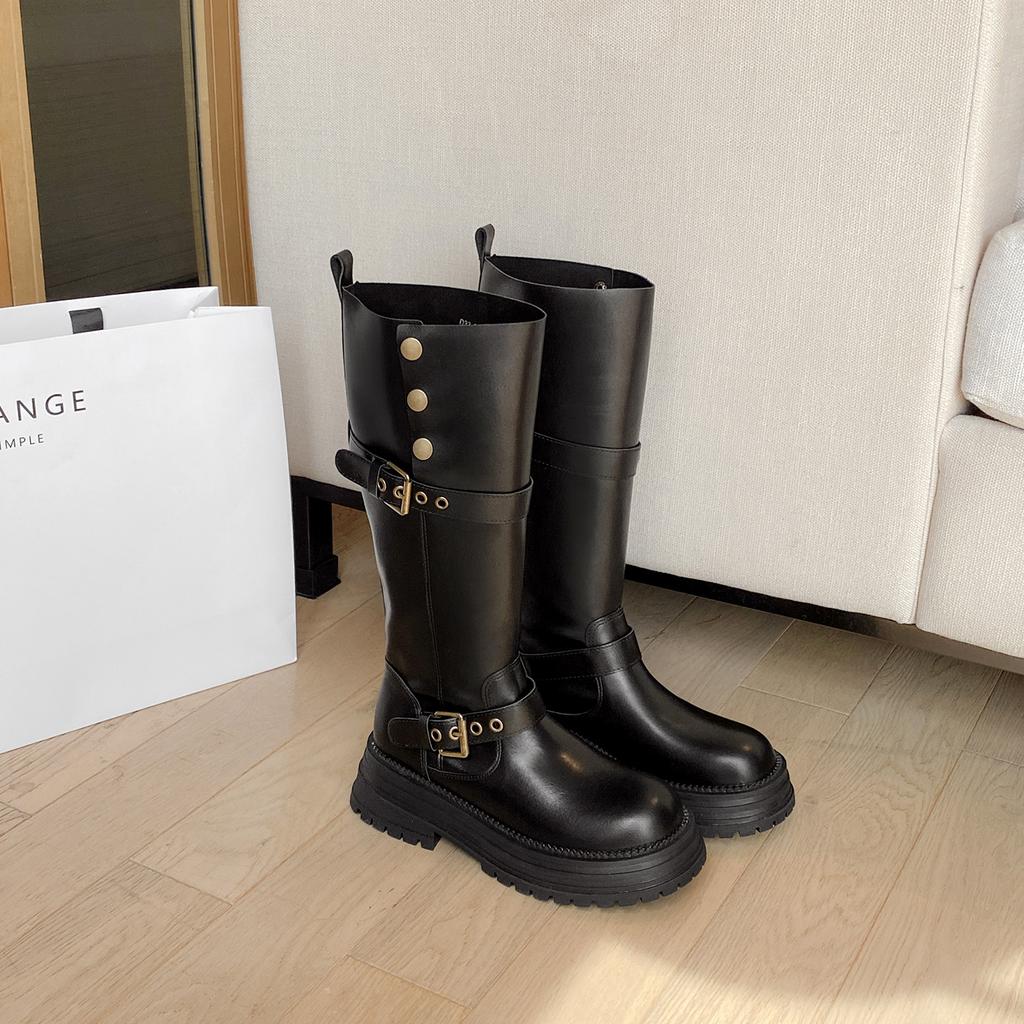 Black Retro British Style Thick Heel Platform Boots Women's 2025 Autumn and Winter New Boots Tall and Thin Knight Boots