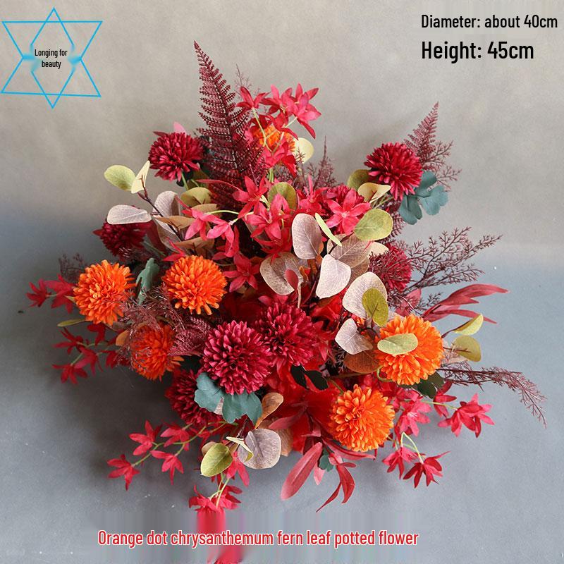 Herbstliche orange Seidenblumentöpfe für die Dekoration des Hochzeitsgangs