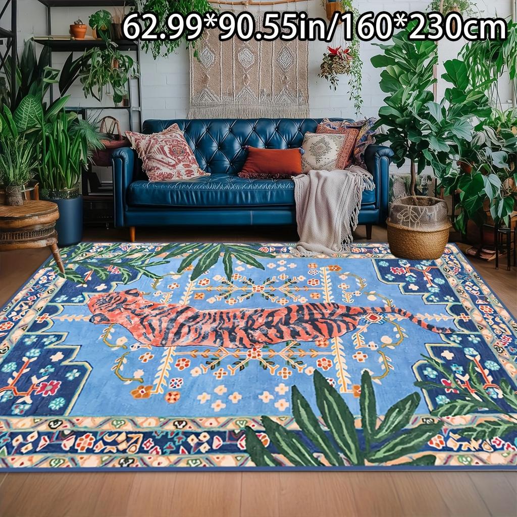 Crystal Velvet Non Slip Point Plast Soles Blue Hidden Tiger Pattern Carpet Sofa Pad Door Mat Bedroom Rug Home Decor