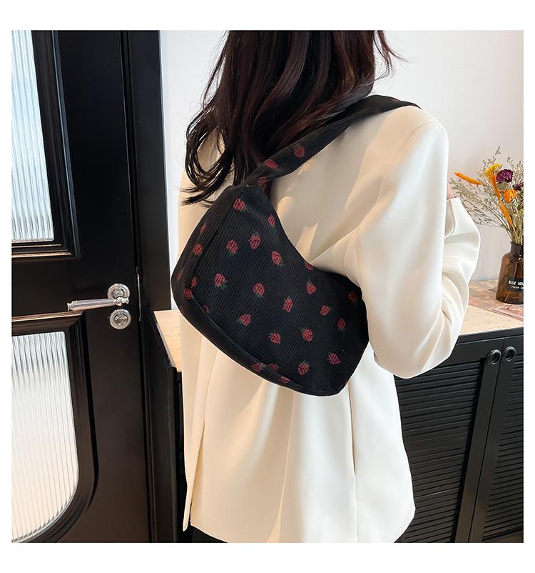 Korean-Style Strawberry Print Corduroy Handbag - 2025 Autumn Collection