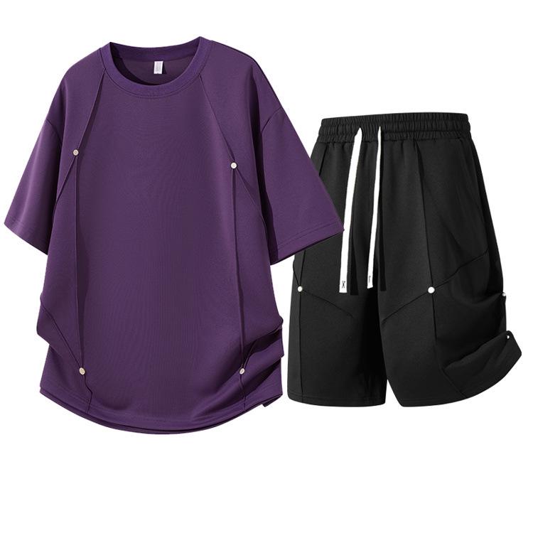 Trendy Men's Round Neck Plus Size T-Shirt & Shorts Set - Casual, Loose, Breathable Two-Piece.