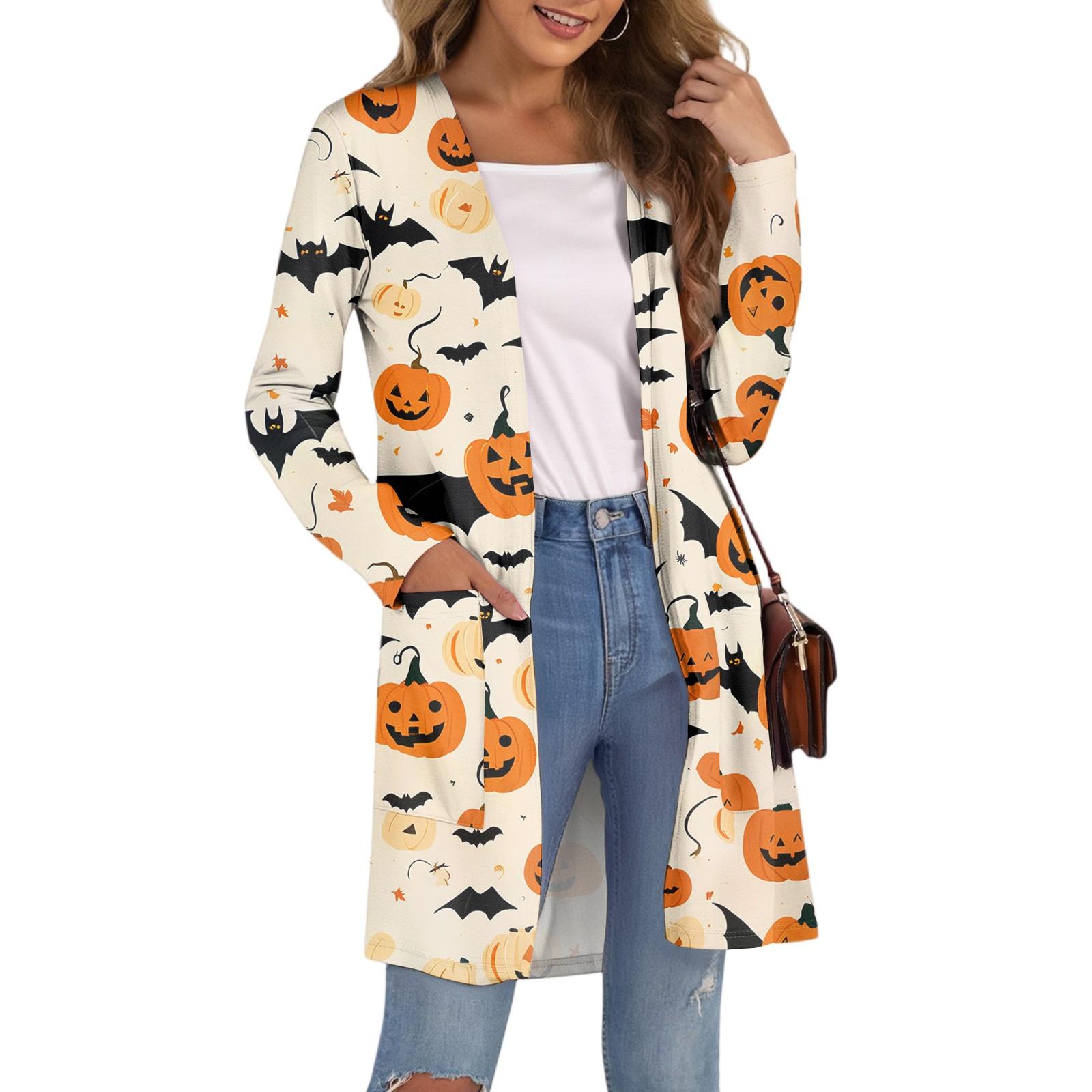 

Женский модный повседневный удобный кардиган средней длины с принтом на Хэллоуин и карманами M хаки