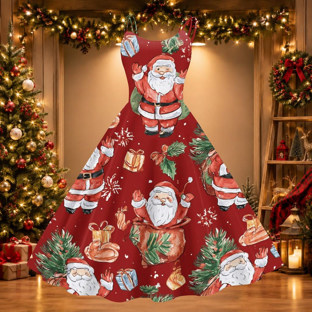 Rochie de petrecere sexy retro cu umerii goi și imprimeu de Crăciun pentru femei, pentru celebrarea sărbătorilor