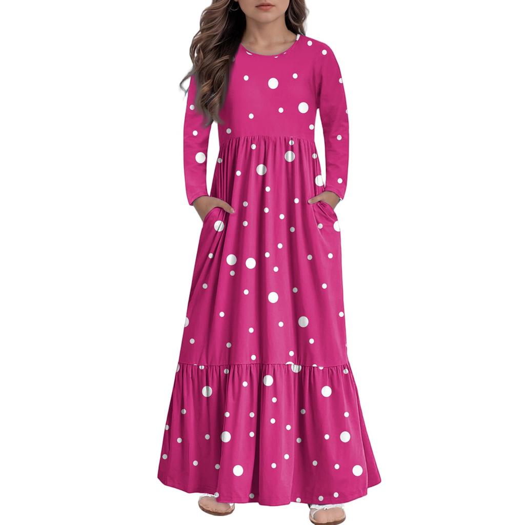 Girls' Maxi Dress Casual Holiday Dresses - Long Sleeve Dress With Pockets For 4-14Y