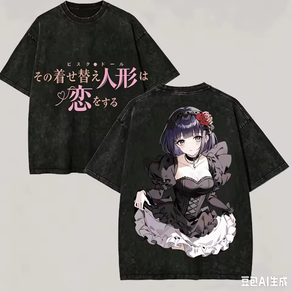 Casual Vintage Washed Short Sleeve T shirt With Marin Print From Anime My Dress-Up Darling Comfortable T shirt