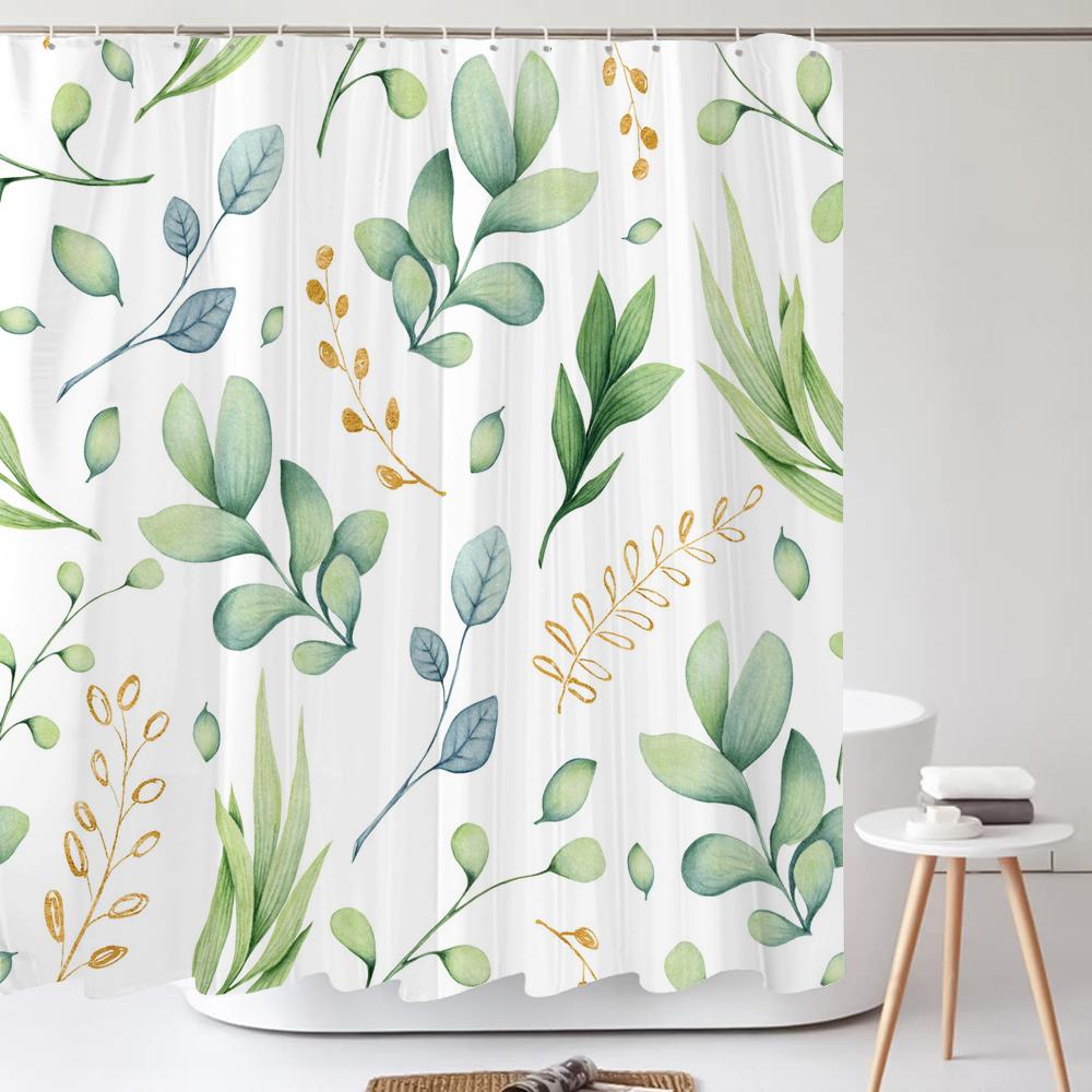 Grüne Pflanze Blatt Blume Duschvorhang, Moderner Nordic Minimalistischer Duschvorhang Polyester Stoff Badezimmervorhang für Badezimmer Dekor