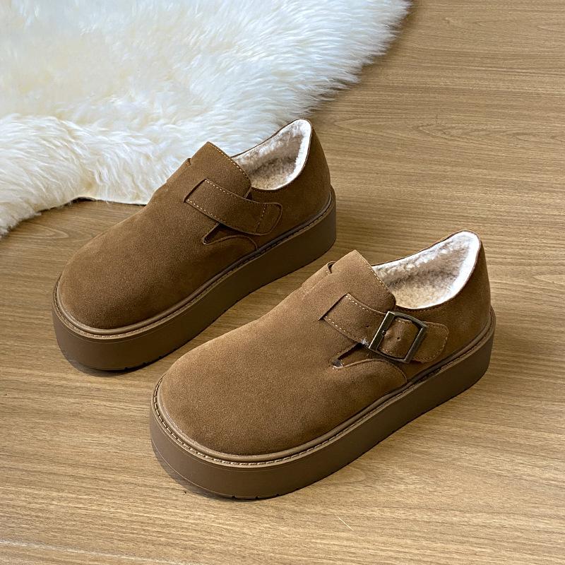 

Ботинки Boken на толстой подошве с увеличением роста женские осень-зима 2025 новые бархатные лоферы на одной педали ретро повседневные теплые хлопковые туфли 40 малиновый