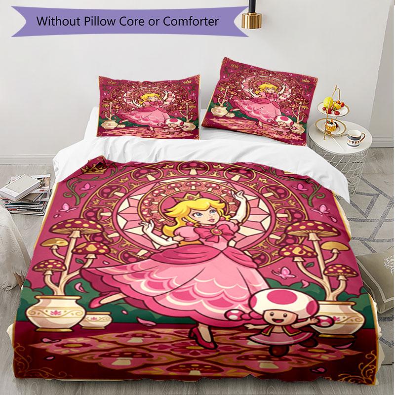 3pcs Duvet Cover Set (1*Duvet Cover + 2*Pillowcase, Without Core), Princess Peach Toadstool Print Soft All‑Season Bedding Set, Home Bedroom Decor Gift