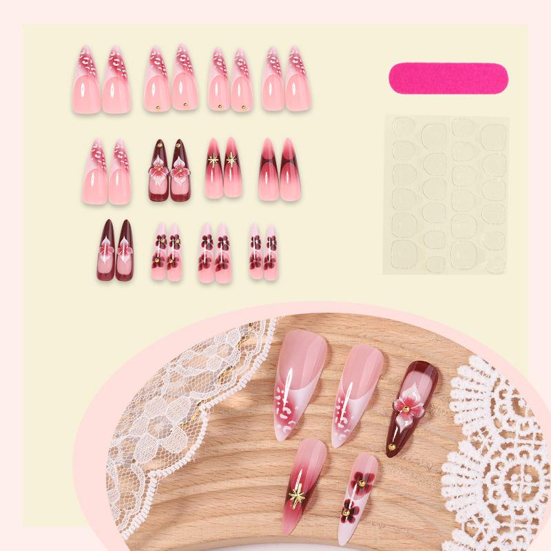 24 Pieces Long Pointed Wearing Nail 3D Three-dimensional Flower Fake Nail Patch French Manicure Gold Pure Handmade Wearing Nail
