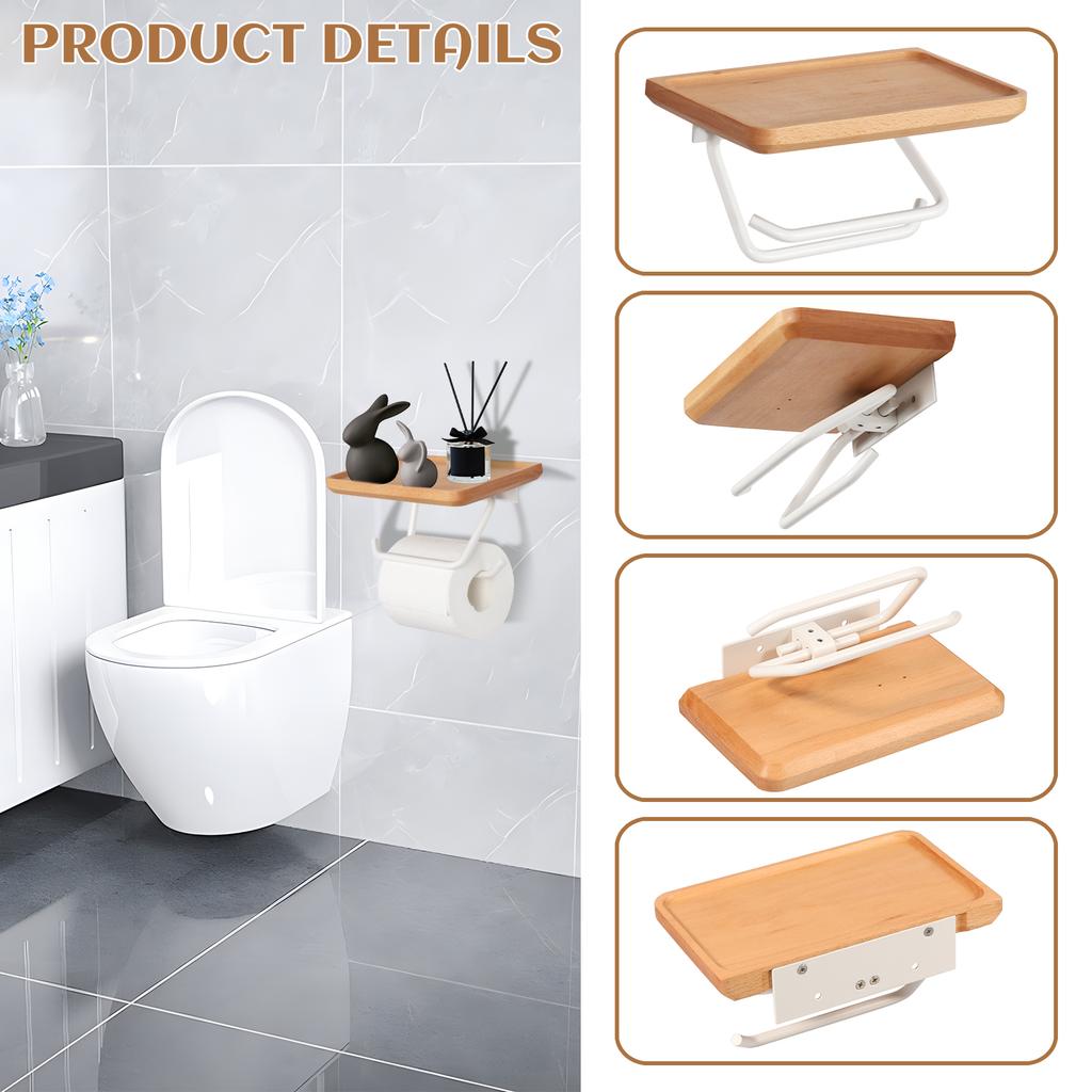 Toilet Paper Holder with Natural Walnut Wooden Shelf Wall Mount Toilet Paper Tissue Holder Tissue Paper Roll Holder with 2 Hooks