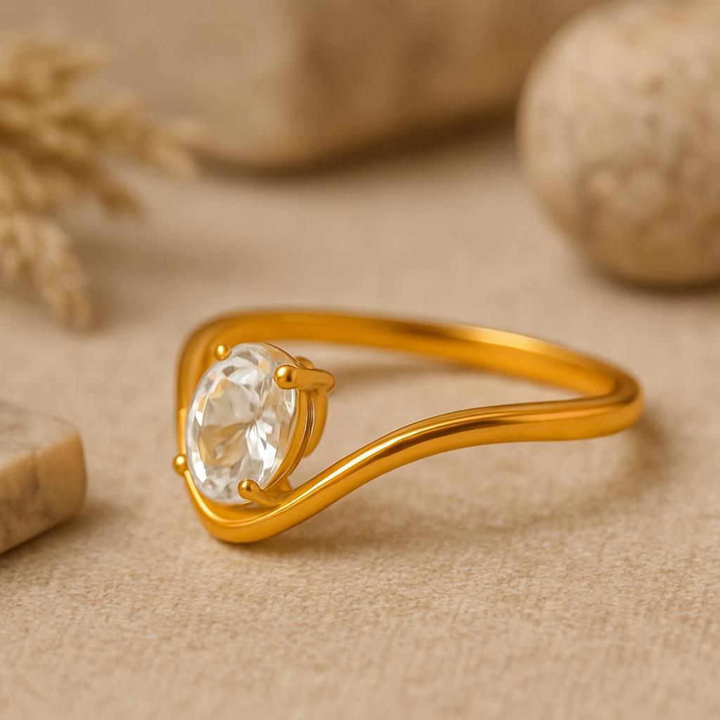 Anel de Noivado Corte Oval, Aro Banhado a Ouro Amarelo com Design de Onda, Joia Nupcial Moderna, Anel de Promessa para Ela