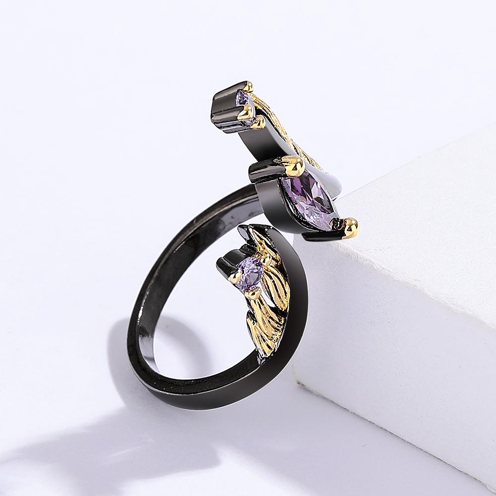 2025 New Black Gold Purple Zircon Jewelry Opening Adjustable Feather Shape Ring Exquisite Party Jewelry Anniversary Gift