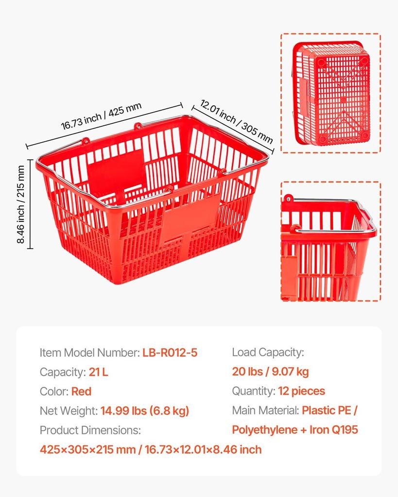 Shopping Baskets, 12 PCS, 21L Stackable PE Plastic Grocery Baskets with Metal Handles, Dense Mesh Structure, Holds up to 9.07kg, Portable for Grocery,